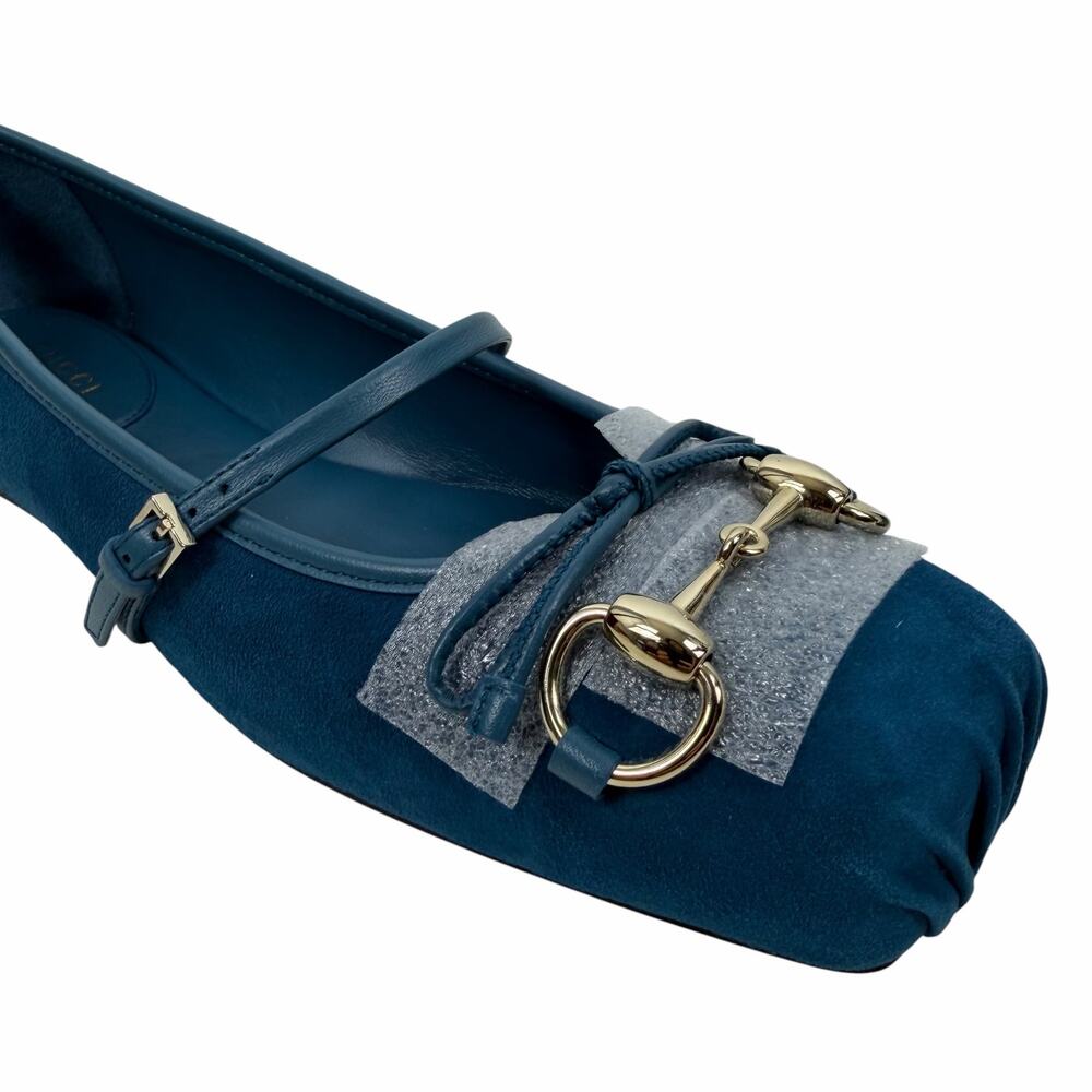 Gucci Kid Scamosciato Horsebit Mary Jane Flats Deep Acqua Size 38 - Picture 6 of 15